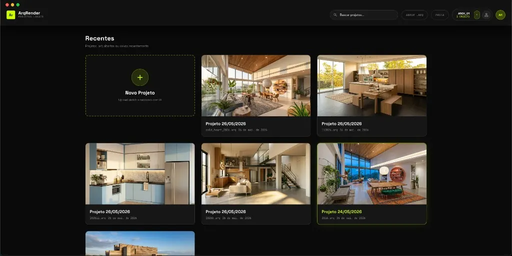 Galeria de projetos no app ArqRender
