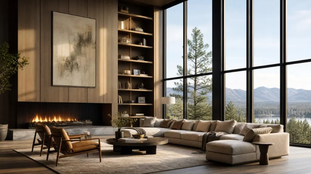 Render de sala com materiais reais